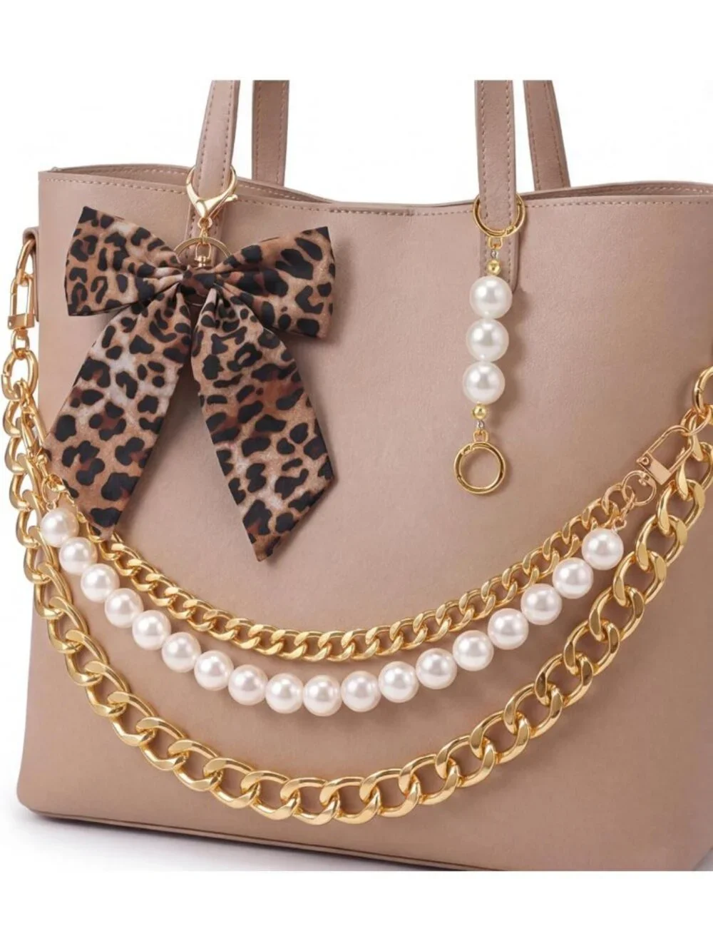 Chic Pearl Purse Charm with Gold Chain Straps | Leopard, Heart & Bow Designs